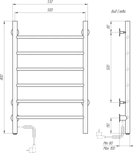 Полотенцесушитель электрический Domoterm Классик DMT 109-6 80х50, L, черный матовый фото 4