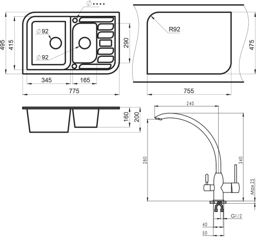 Комплект Мойка кухонная Granula GR-7803 шварц + Смеситель Granula GR-2167 шварц для кухонной мойки фото 4