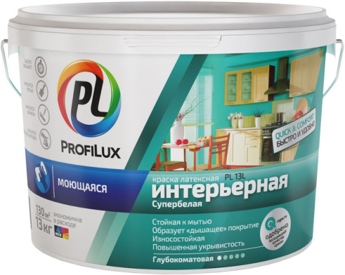 Краска для стен и потолков для влажных помещений латексная Profilux PL-13L глубокоматовая супербелая база 1 1,4 кг.