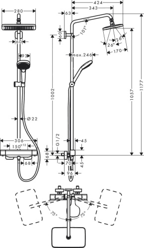 Душевая стойка Hansgrohe Croma 27630000 для душа, с термостатом фото 5